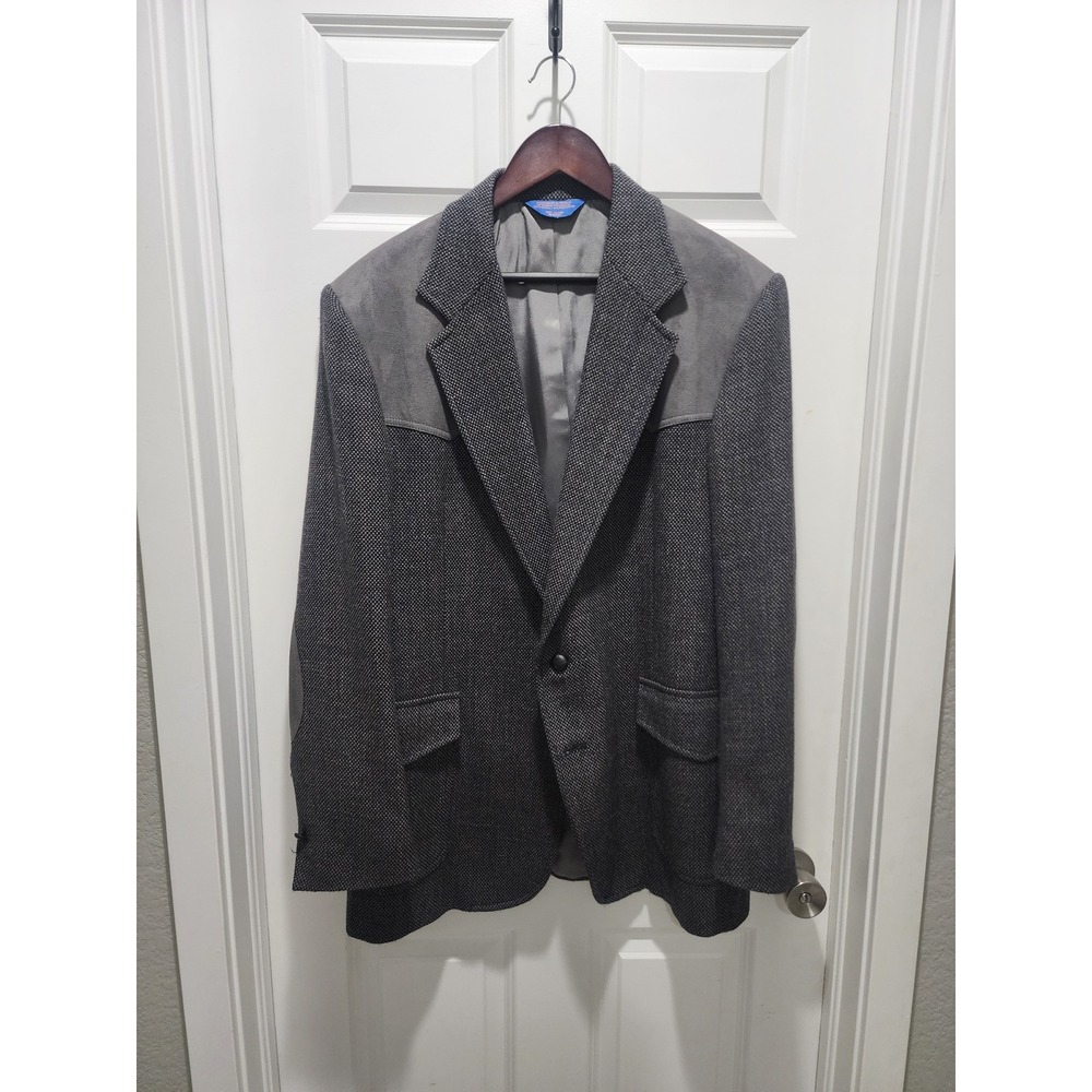 Pendleton Mens 44 Long Grey Wool Western Blazer Suede Elbow Patches Sport Coat